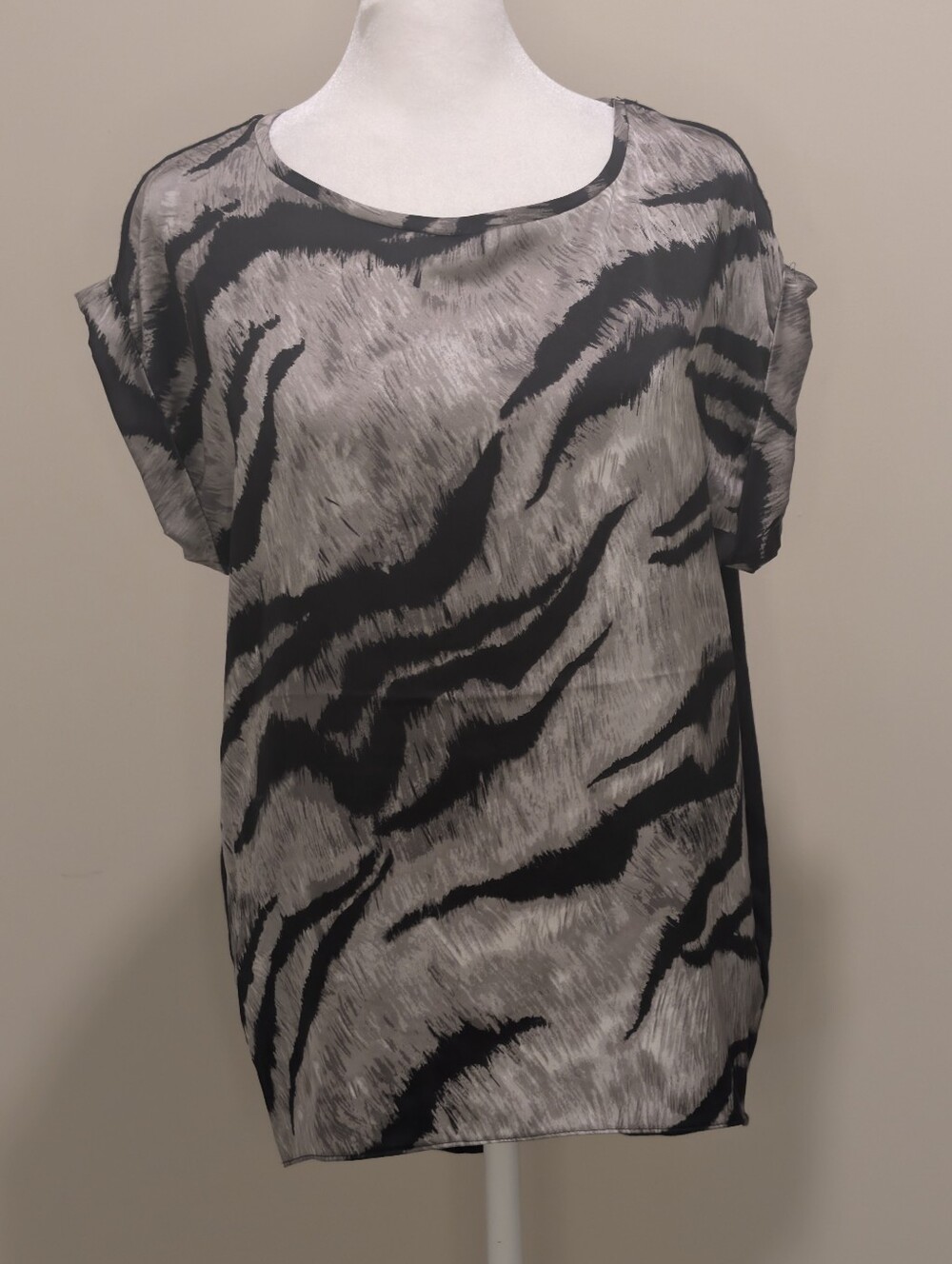 Carmen Marc Valvo Taupe and Black Zebra-Striped Short Sleeve Blouse - Picture 1 of 9